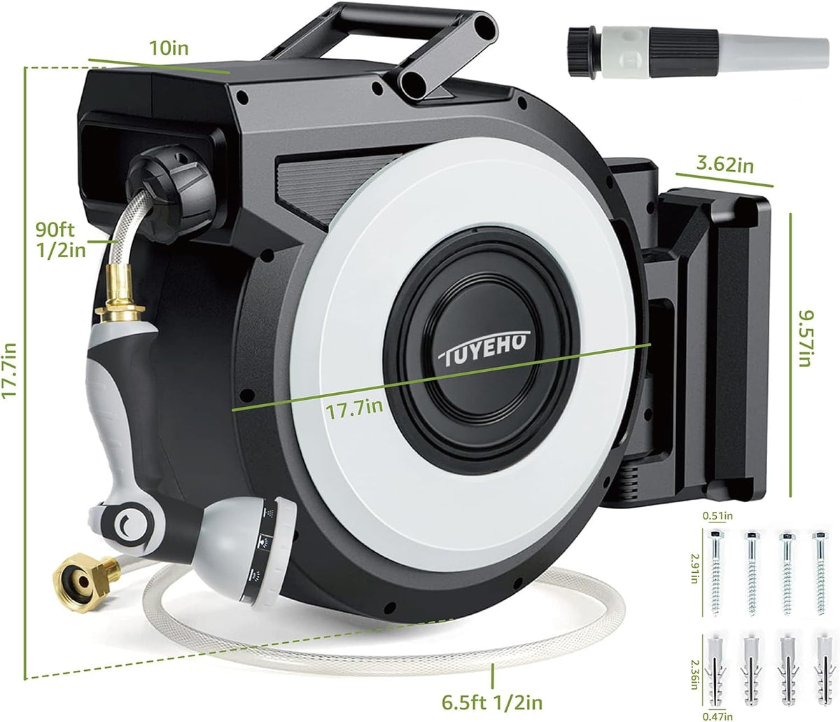 Tuyeho Retractable Garden Hose Reel 90 FT, Wall Mount Heavy Duty Water Hose Reels with Automatic