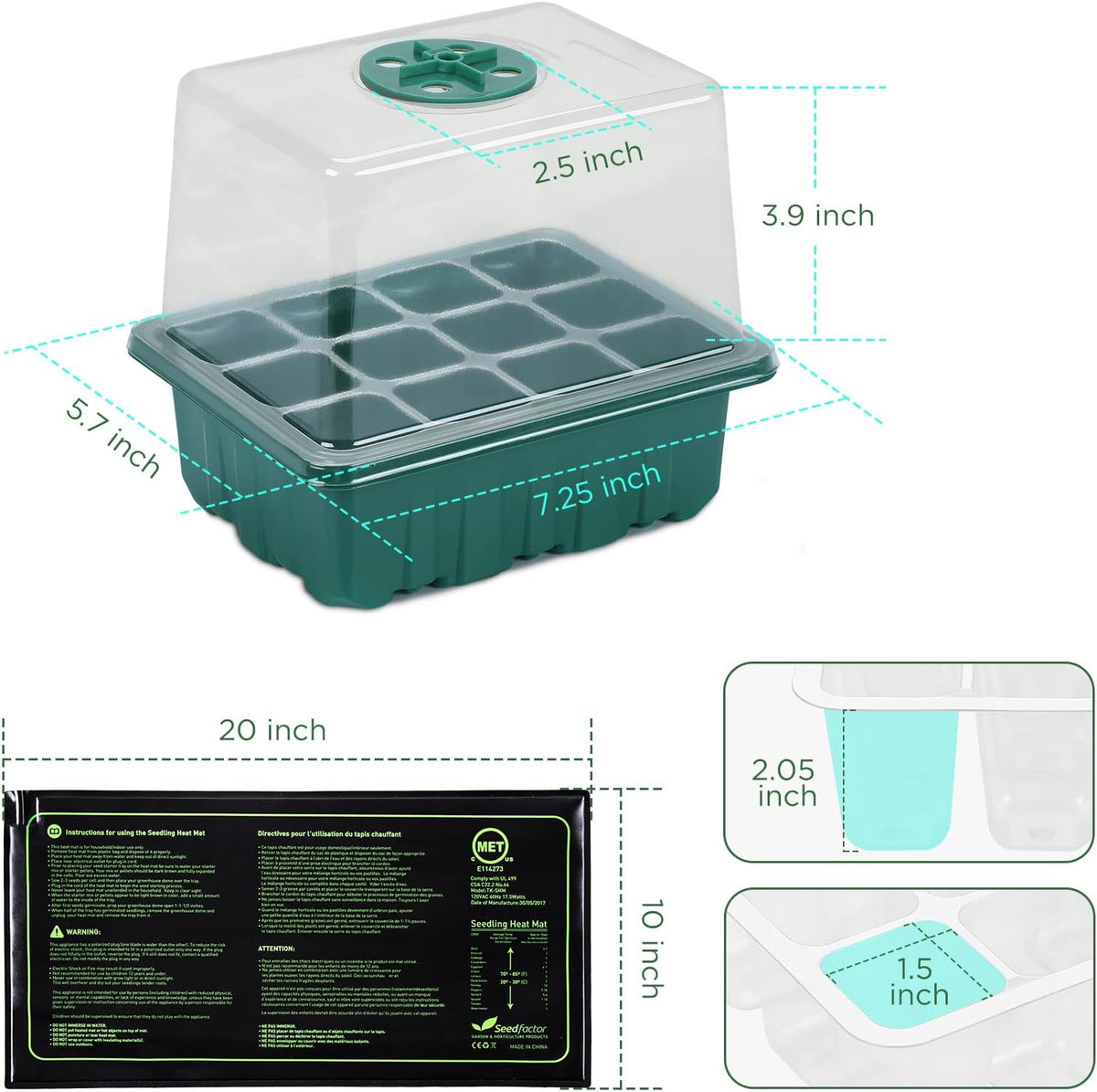 Seedfactor 7-Pack Seed Starter Tray with Heat Mat (12 Cells per Tray), Plant Germination Trays with