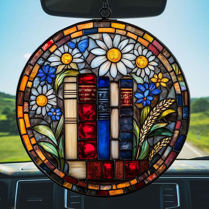 Floral Stack of Bookks Acrylic Suncatcher Stained Glass Effect Window Car Hanging Christmas