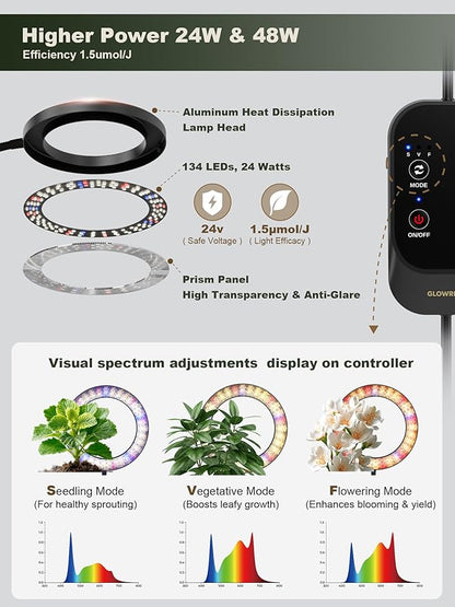 GLOWRIUM 24W LED Grow Light for Indoor Plants, 23.5-71" Adjustable Height, 3-Growing Full Spectrum