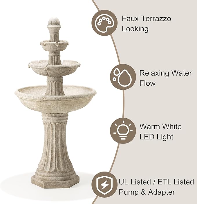 Glitzhome Water Fountain Outdoor Floor-Stand Fountains with LED Light & Pump, Oversized 3 Tier