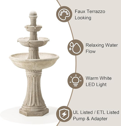 Glitzhome Water Fountain Outdoor Floor-Stand Fountains with LED Light & Pump, Oversized 3 Tier