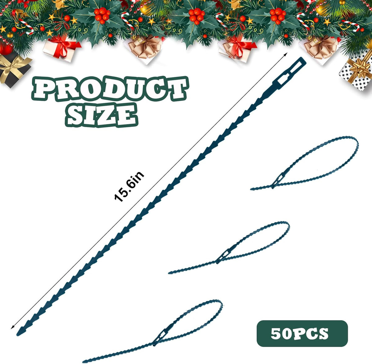 50pcs Christmas Garland Ties Green Flexible Self Locking Nylon Strap 15.7Inch Adjustable Reusable