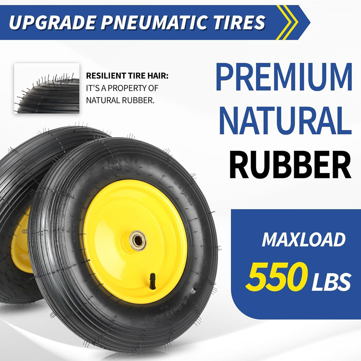 (2 Pack)4.80/4.00-8 Wheelbarrow Tire and Wheel, 16" Rubber Pneumatic Wheel, 3" -6" Centered Hub