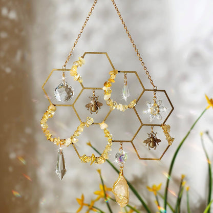 Tuitessine Crystals Suncatcher Window Hanging Bumble Bee Decor Honeycomb Light with Crystal Glass