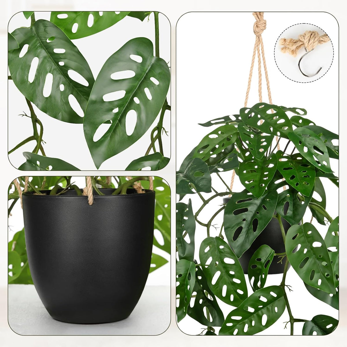 Large Fake Hanging Plants in Pot with Hook, 37" Artificial Hanging Monstera Albo Vines Plants, Fake