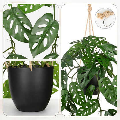 Large Fake Hanging Plants in Pot with Hook, 37" Artificial Hanging Monstera Albo Vines Plants, Fake
