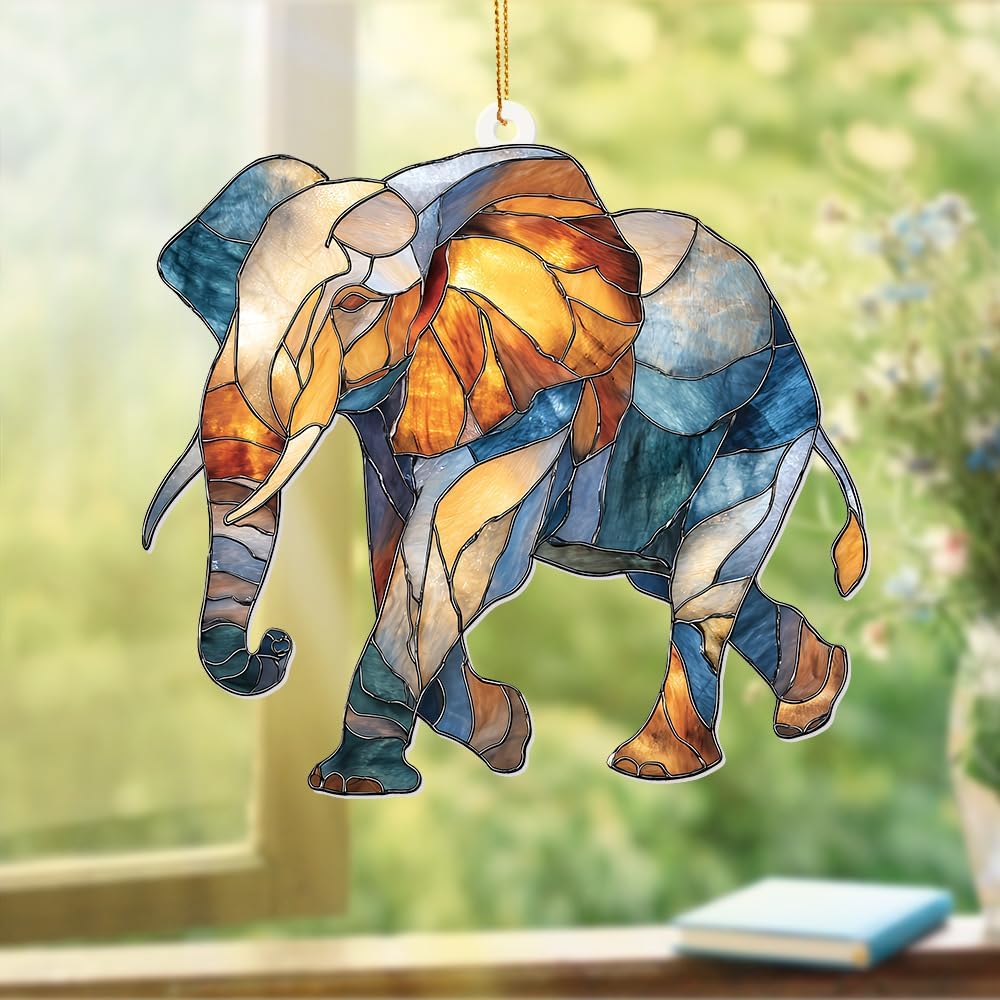 Elephant Ornament Stained Glass Style Acrylic – Window Hanging Suncatcher, Elephant Gifts for