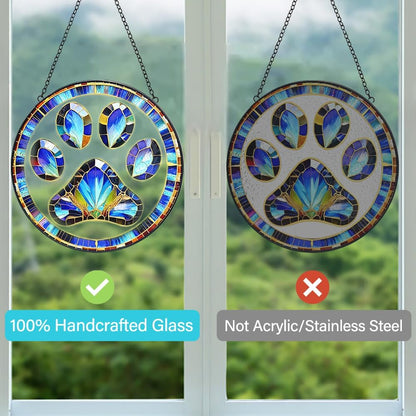 Dog Cat Paw Print Suncatcher Stained Glass Window Hanging - Handmade Stained Glass Panel