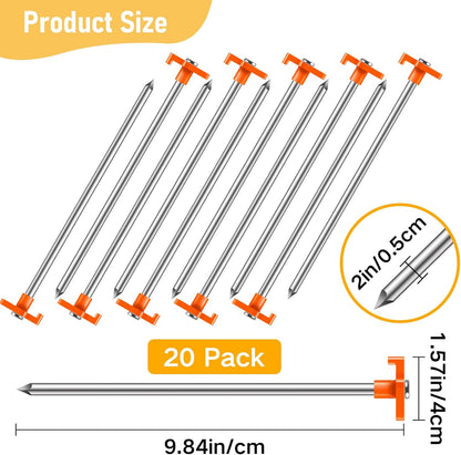20 Pack Tent Stakes Heavy Duty, 9.84 Inch Rust-Proof Yard Stake Ground Stakes, Metal Tent Pegs for