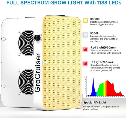 2000W Dimmable LED Grow Light, 3x3 2x4ft Grow Tent Light with 1176PCS LEDs, UV-IR Included Full