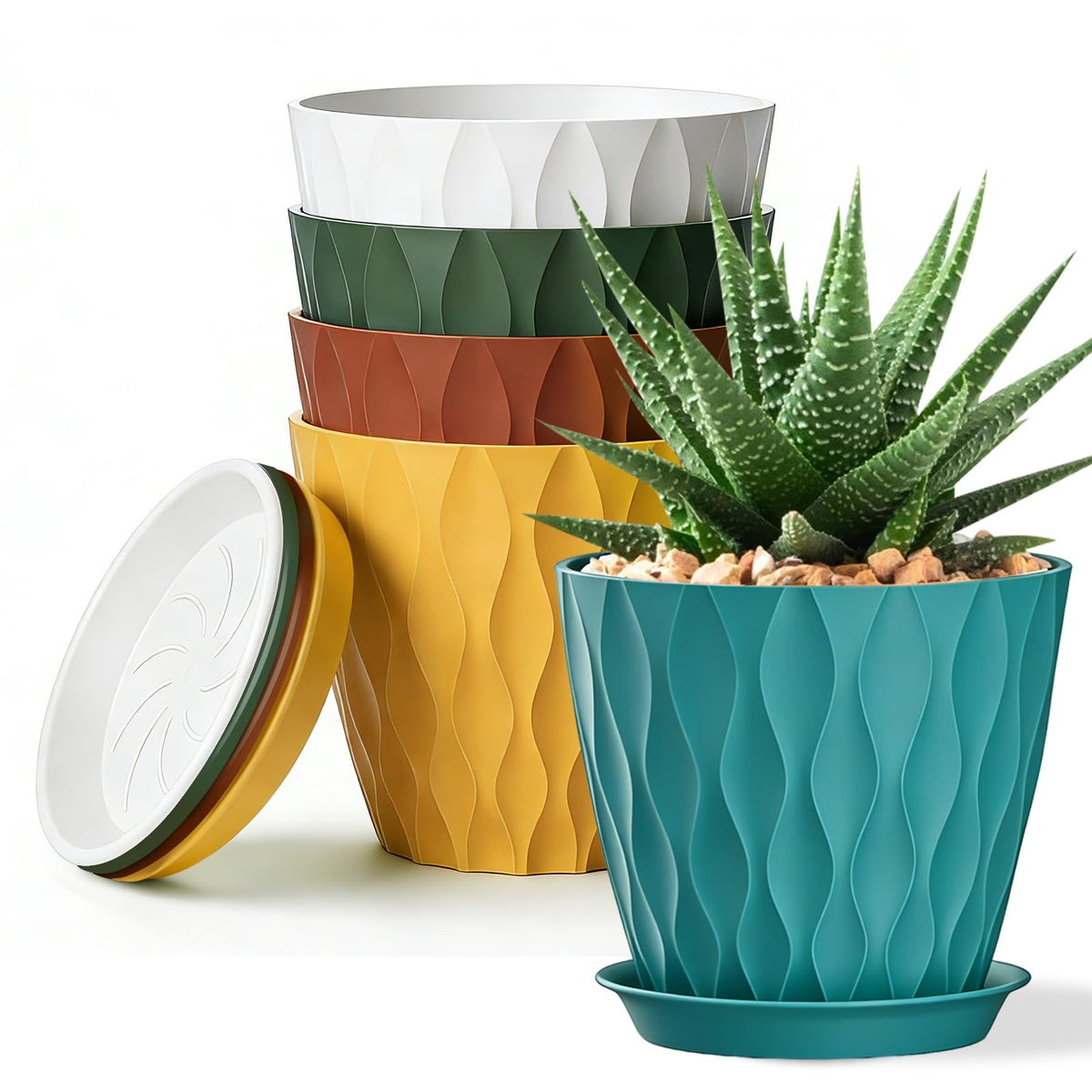 SQKH 8 Inch Plastic Plant Pots,Set of 5 Flower Pots,Planters with Drainage Holes & Saucers, Indoor