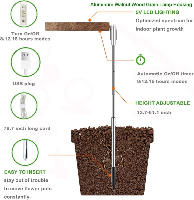 yadoker Plant Grow Light, LED Growing Light Full Spectrum for Indoor Plants,Aluminum Walnut Wood