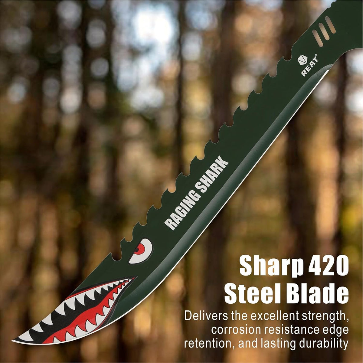 REAT Machete with Sheath, 25.5" Full Tang 420 Stainless Steel Blade with Raging Shark Green