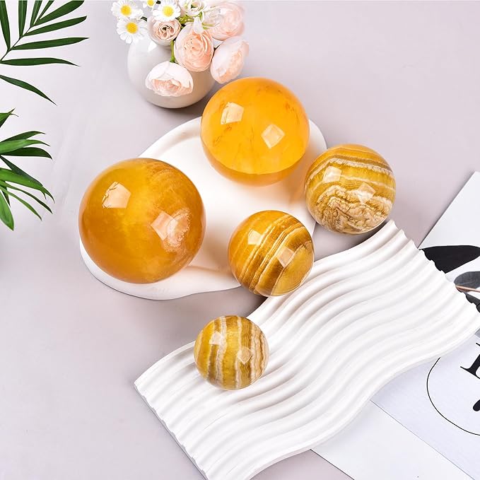 JIC Gem Large Yellow Fluorite Crystal Sphere with Stand Gemstone Decorative Ball for Home Decor
