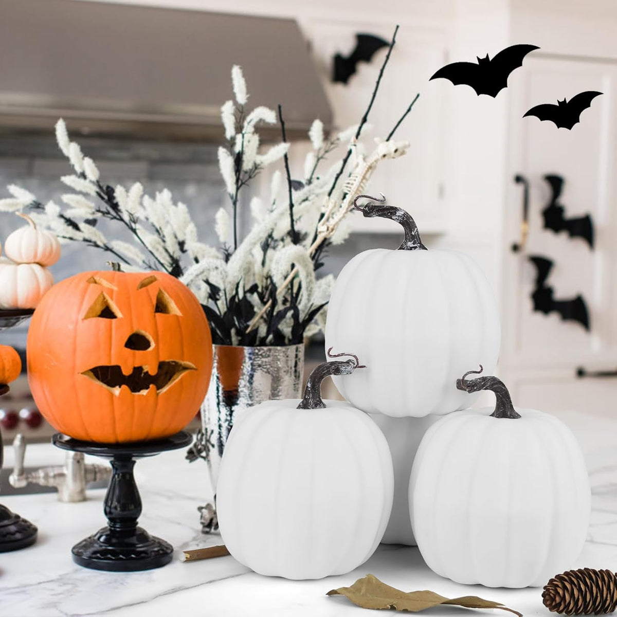 Artmag 6 Inch Large Artificial Pumpkins, 4PCS Big White Faux Foam Harvest Pumpkins for Fall Autumn