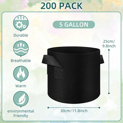 200 Pack 5 Gallons Grow Bags, Non-Woven Fabric Pots Plant Bags, Plant Grow Bags with Handles