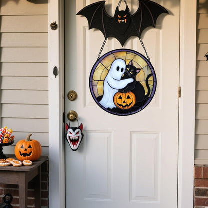 Stained Glass Window Hanging - Halloween Decorations Cute White Ghost Black Cat Suncatcher for