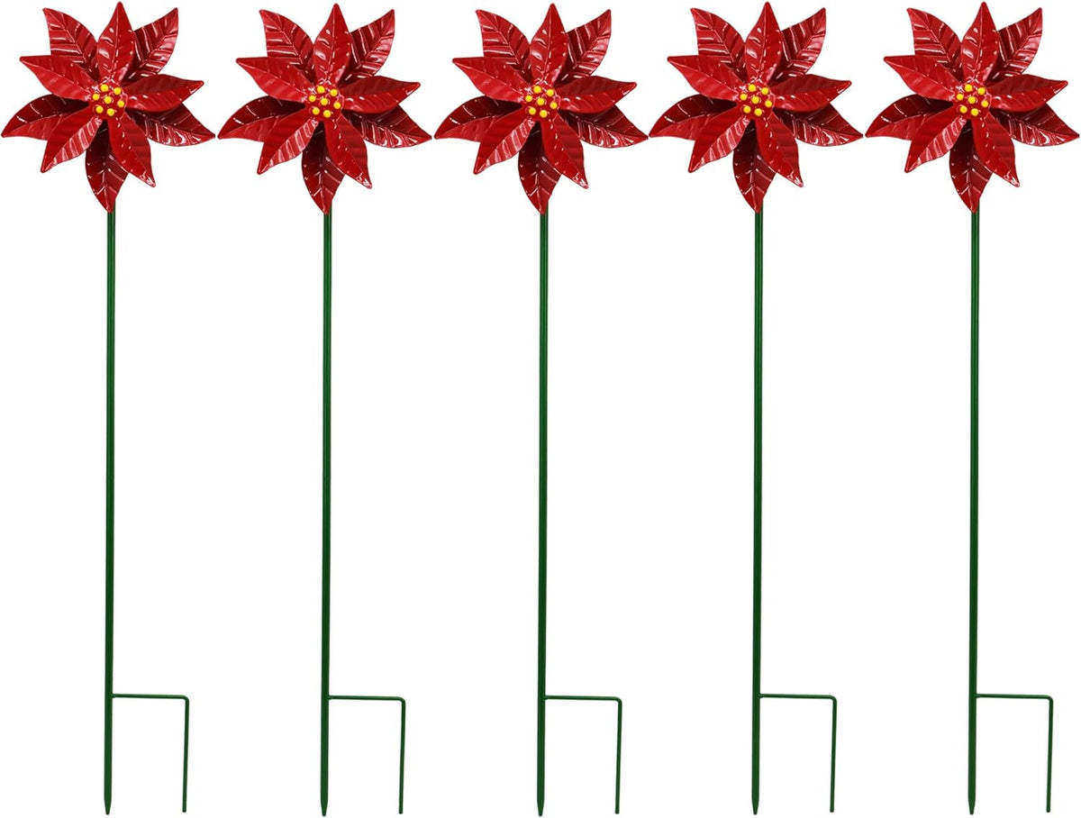Metal Flower Wind Spinner Garden Lawn Stakes Yard Art, 27 Inch Poinsettia Windmill Iron Handicraft