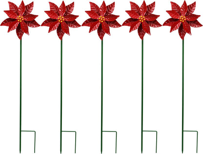 Metal Flower Wind Spinner Garden Lawn Stakes Yard Art, 27 Inch Poinsettia Windmill Iron Handicraft