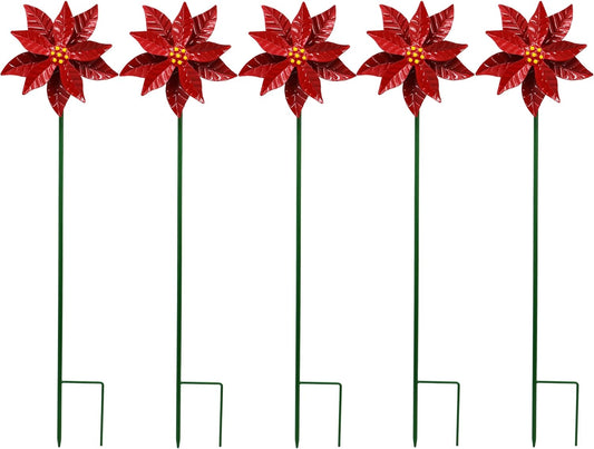 Metal Flower Wind Spinner Garden Lawn Stakes Yard Art, 27 Inch Poinsettia Windmill Iron Handicraft