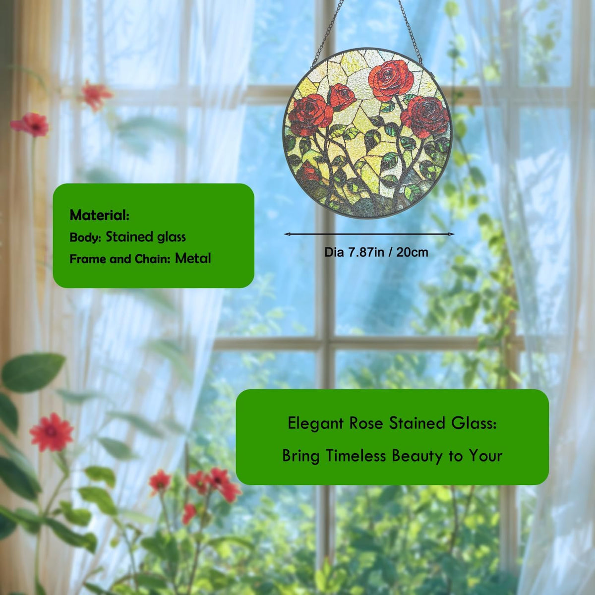 Floral Stained Glass Window Hanging - Rose Design Handmade Suncatcher, Luyseyha 8 Inch Sun Catcher