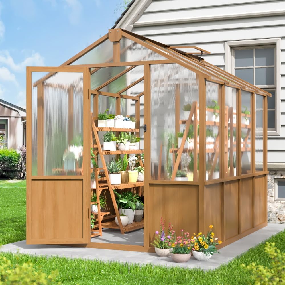 6x8 FT Greenhouse, Wooden Walk-in Greenhouse for Outdoors with 6MM Thick Polycarbonate Panel and