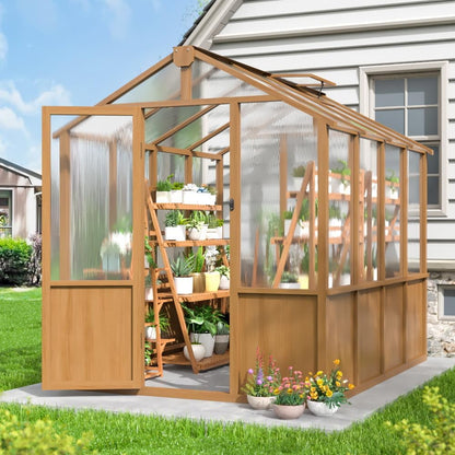 6x8 FT Greenhouse, Wooden Walk-in Greenhouse for Outdoors with 6MM Thick Polycarbonate Panel and