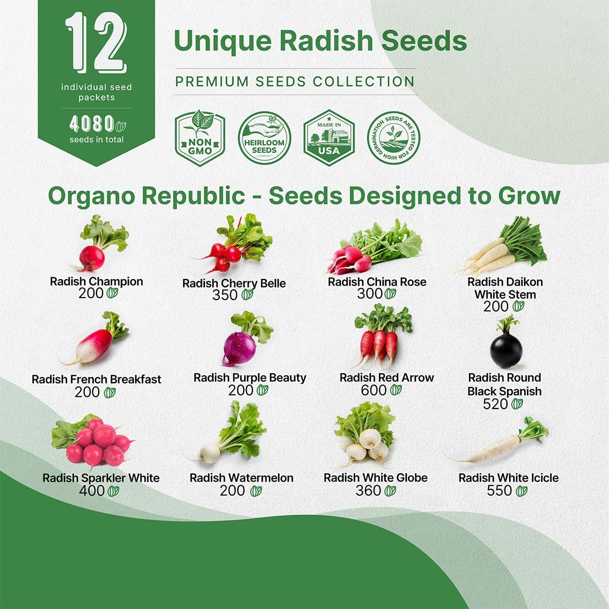 Organo Republic 12 Radish Seeds Variety Pack for Indoor & Outdoors 2400+ Heirloom Non-GMO Radish