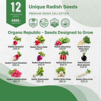 Organo Republic 12 Radish Seeds Variety Pack for Indoor & Outdoors 2400+ Heirloom Non-GMO Radish