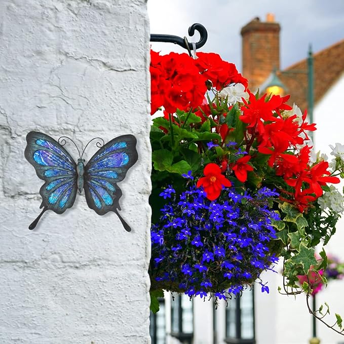 HONGLAND Metal Butterfly Wall Decor Outdoor Indoor Art Sculpture Hanging Glass Decorations Blue for
