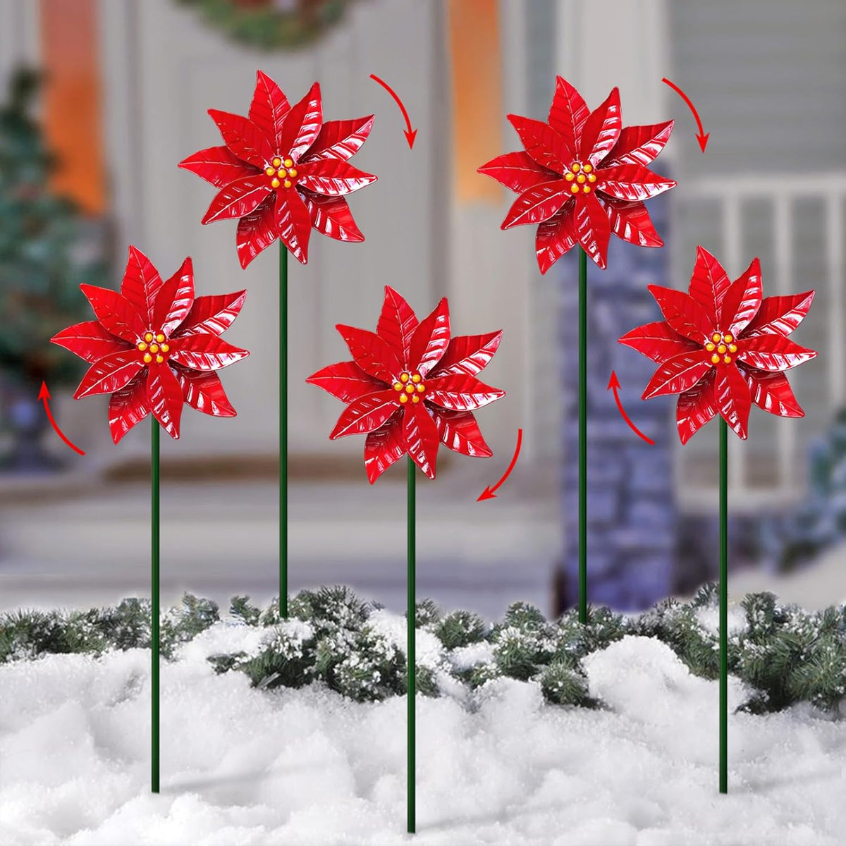 5 Pack Metal Poinsettia Wind Spinners for Garden,Outdoor Lawn Ornaments,Christmas Yard