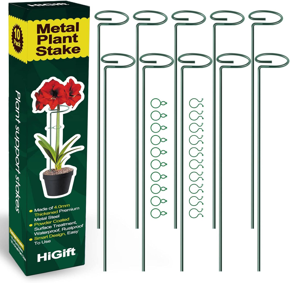 HiGift 10 Pack 17 inches Plant Support Plant Stakes with 20 Pcs Plant Clips, Metal Garden Single