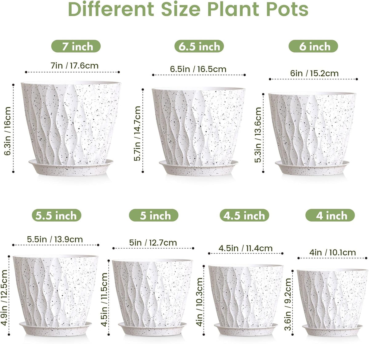 7/6.5/6/5.5/5/4.5/4 inch Plant Pots for Indoor Outdoor Plants, 7 Pack Thick Flower Pots with