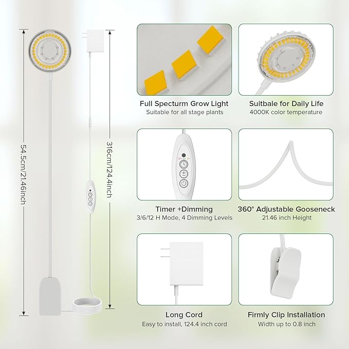 Plant Lights for Indoor Growing, Pot Clip on Grow Lights Full Spectrum, 12W Plant Growing Lamp with
