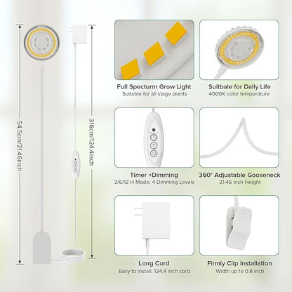 Plant Lights for Indoor Growing, Pot Clip on Grow Lights Full Spectrum, 12W Plant Growing Lamp with