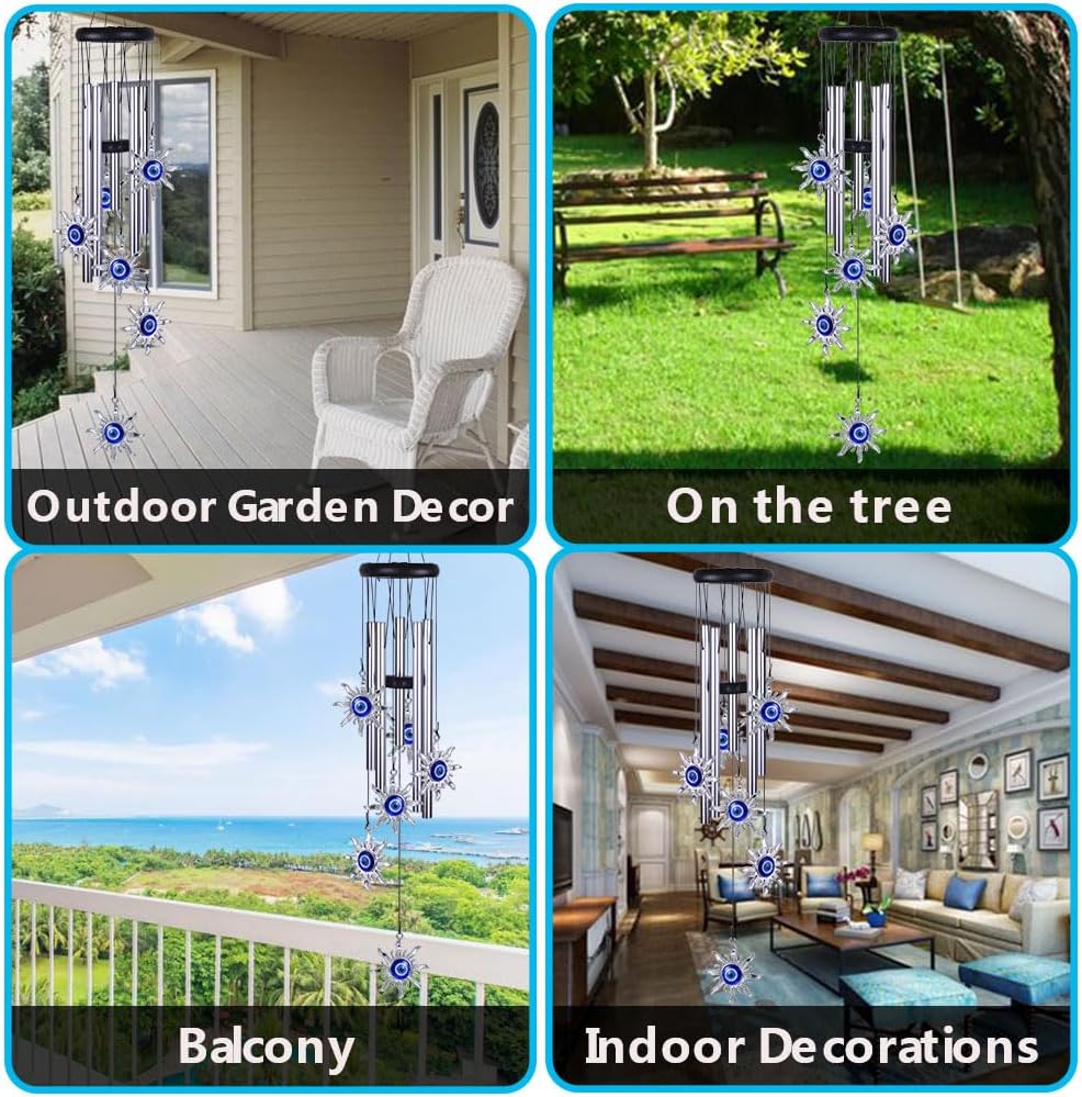Blue Evil Eye Sun Wind Chimes Outdoor Decor, Mobile Sun Evil Eye Windcatcher, Evil Eye Sun Wind