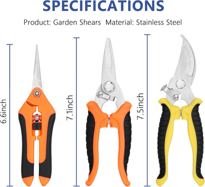 3-pack Garden Pruning Shears Set with Stainless Steel Blades, Bypass Pruners, Handheld Secateurs