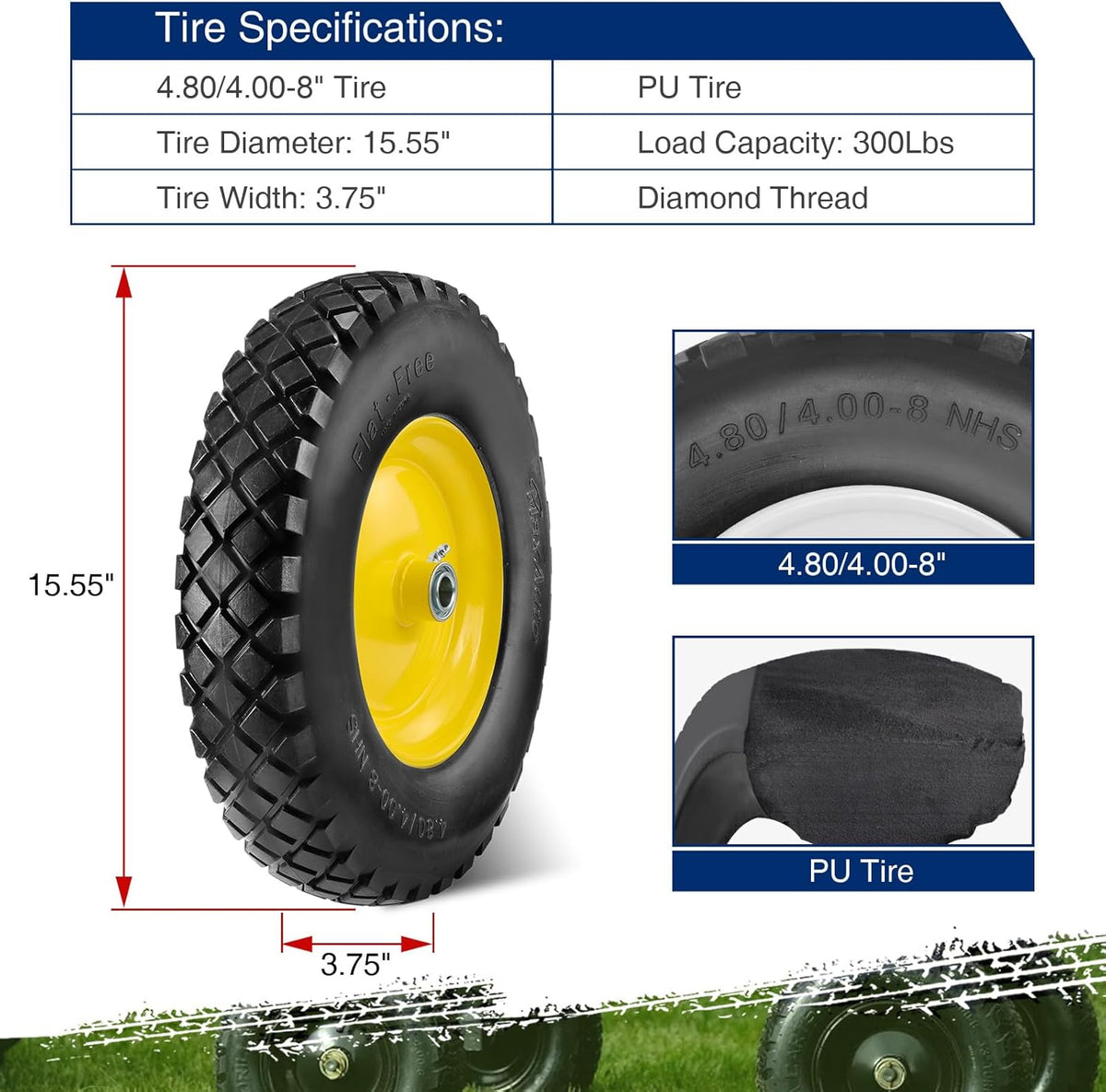 MaxAuto Wheelbarrow Tires 4.80 4.00-8 Flat-Free Tire and Wheel 16 Inch Solid Tires w/Grease