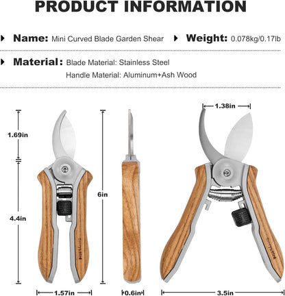 Berry&Bird Mini Pruning Shears for Gardening Curved Blades Hand Pruners with Wooden Handle Garden