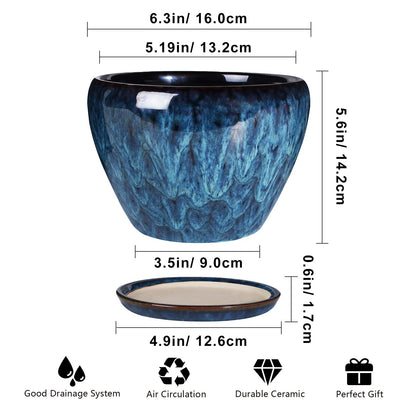 Ceramic Modern Glaze Succulent Planter Pot with Drainage Hole and Saucer 6 Inch Round Flower Plant
