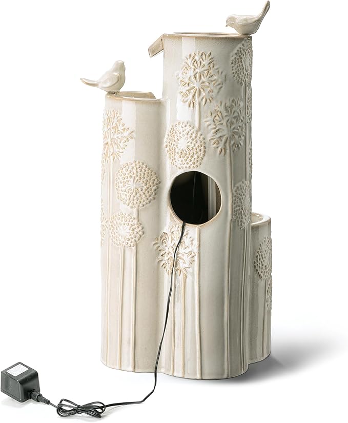 Glitzhome 31.75" H Outdoor Water Fountain with LED Lights and Pump, 4 Tier Dandelion Texture Vase