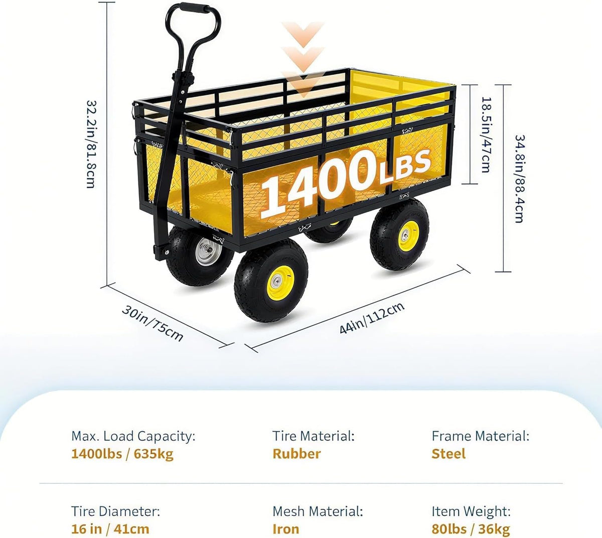 Metal Wagon - 1400lbs Garden Cart with 10" Multi-Terrain Tires, 4 Removable Mesh Sides & 180°