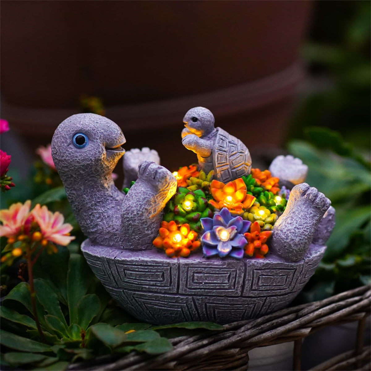 Solar Turtle Figurines Garden Decor, Cute Turtle Statue with Baby with 8 LED Solar Lights Garden