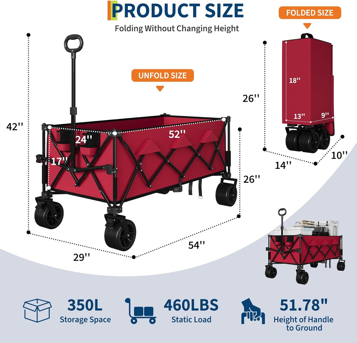52" Foldable Wagon for Beach with 460LBS Weight Capacity, Heavy Duty 350L Extra Large Collapsible