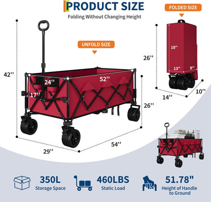 52" Foldable Wagon for Beach with 460LBS Weight Capacity, Heavy Duty 350L Extra Large Collapsible