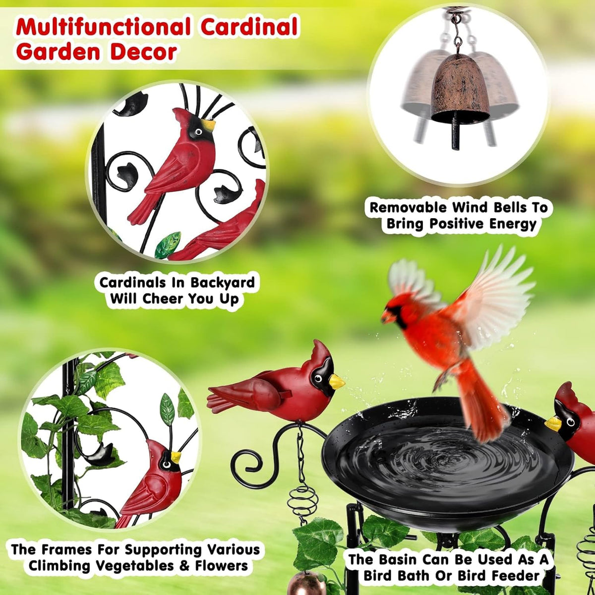 Cardinal Bird Bath Garden Trellis for Climbing Plants Outdoor Wind Chime Decor Red Birds Feeder