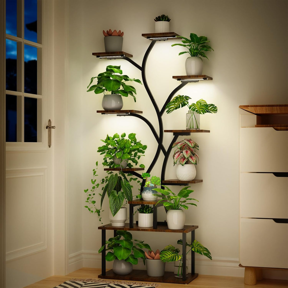 Bstrip 63 Inch Plant Stand with Grow Light, 10-Tier Plant Shelf for Indoor Plants, Decor Tree
