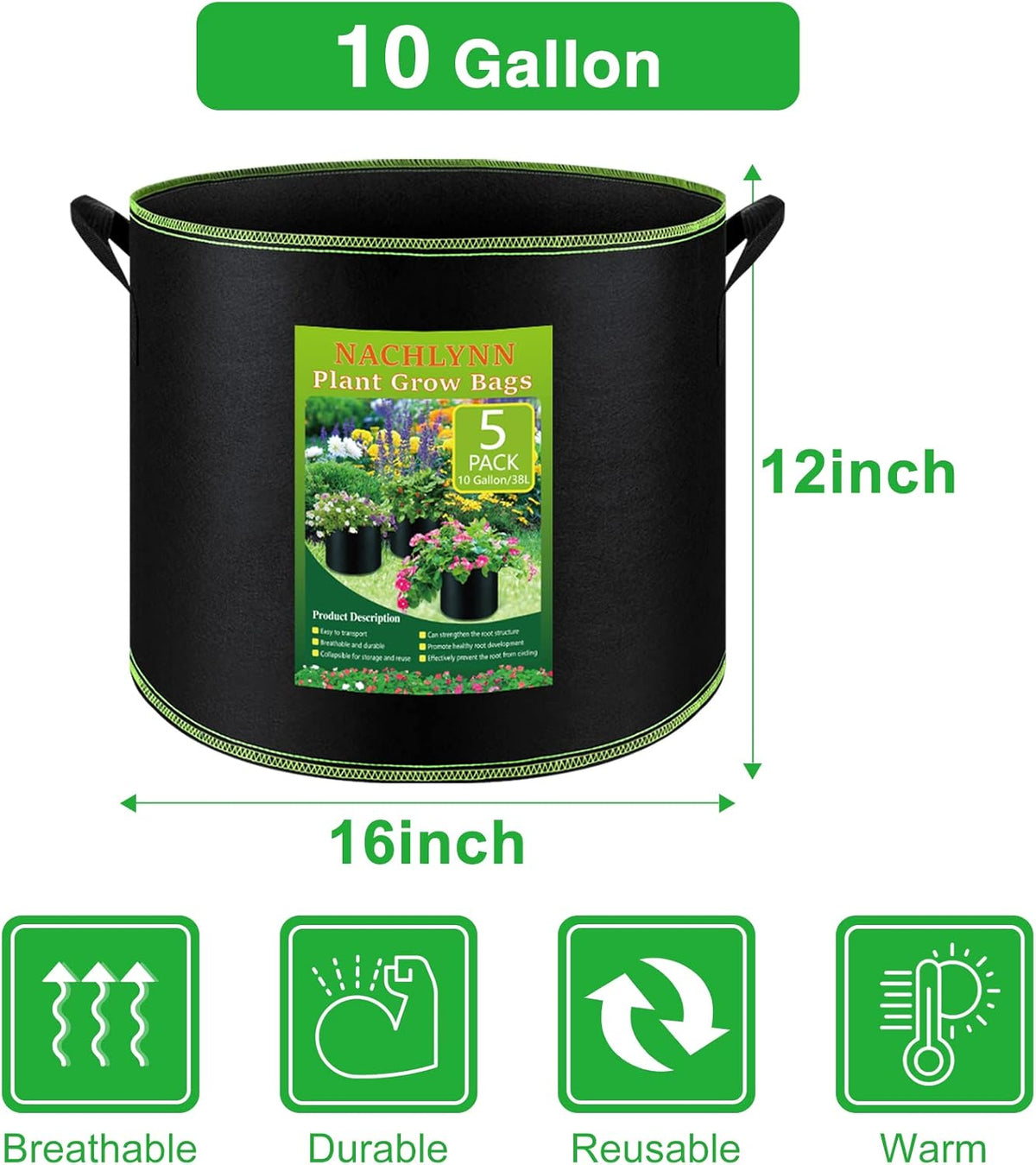 NACHLYNN 5-Pack 10 Gallon Grow Bags with Handles Thickened Nonwoven Fabric Pots Heavy Duty Aeration