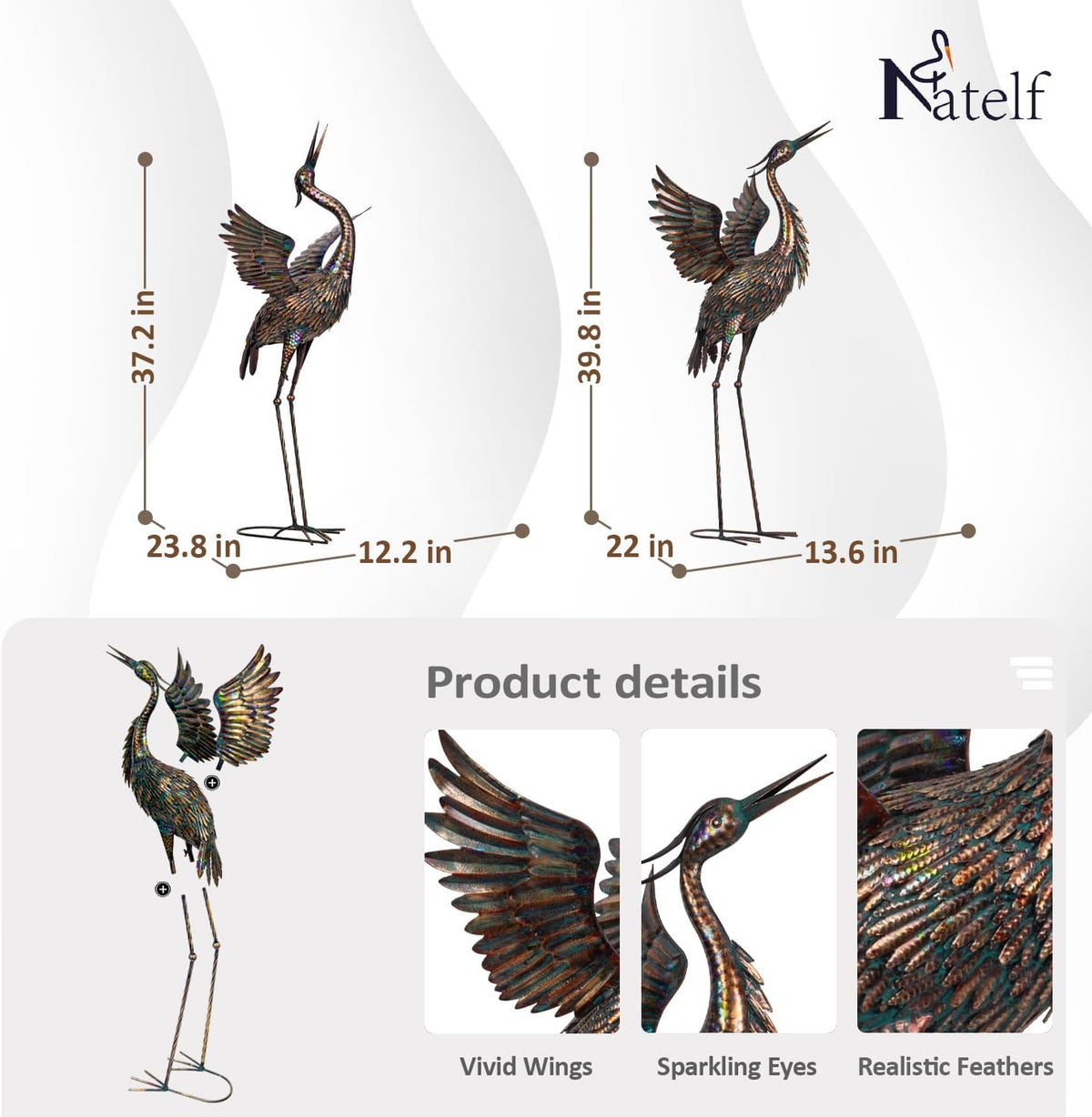 Natelf Garden Crane Statues, Outdoor Large Bird Yard Art Decorations Metal Lawn Ornament for Home